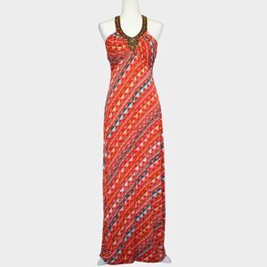 Saks Fifth Avenue BLUE Label Beaded Halter Maxi Dress Women L Orange Geometric